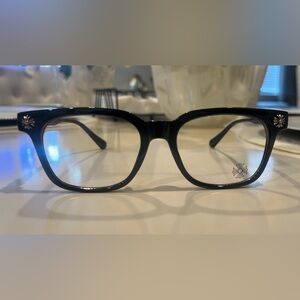 Chrome Hearts Black Rectangular Eyeglasses with Silver Flower Accents
